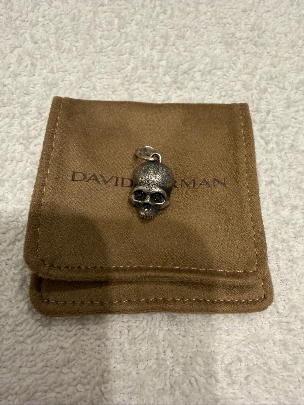 David Yurman Silver-Tone Skull Charm with Brown Suede Pouch